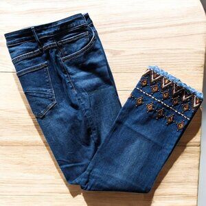 DRIFTWOOD (31) COLETTE Bejeweled Mid Rise Ankle Length Raw Hem Jeans